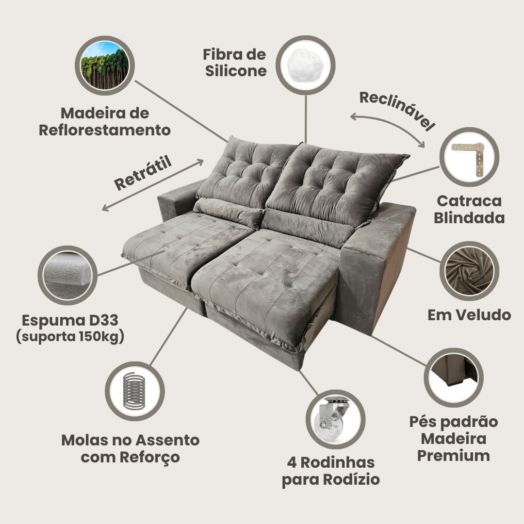 Sofá Retrátil e Reclinável Florença, 2,00m com Molas, em Veludo + Brinde - Ponta de Estoque 21