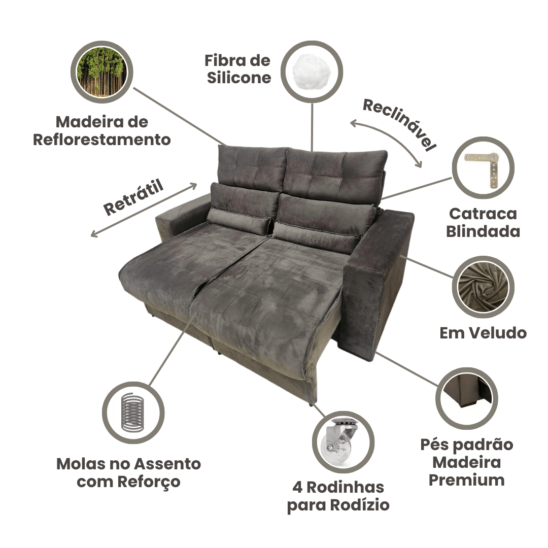 Sofá Retrátil e Reclinável Gênova, 1,70m com Molas, em Veludo + Brinde - Ponta de Estoque 21