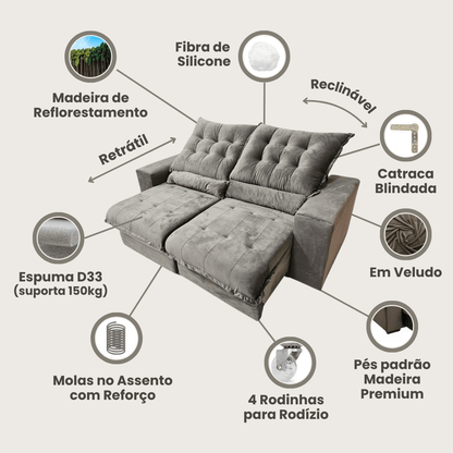 Sofá Retrátil e Reclinável Florença, 2,00m com Molas, em Veludo + Brinde - Ponta de Estoque 21