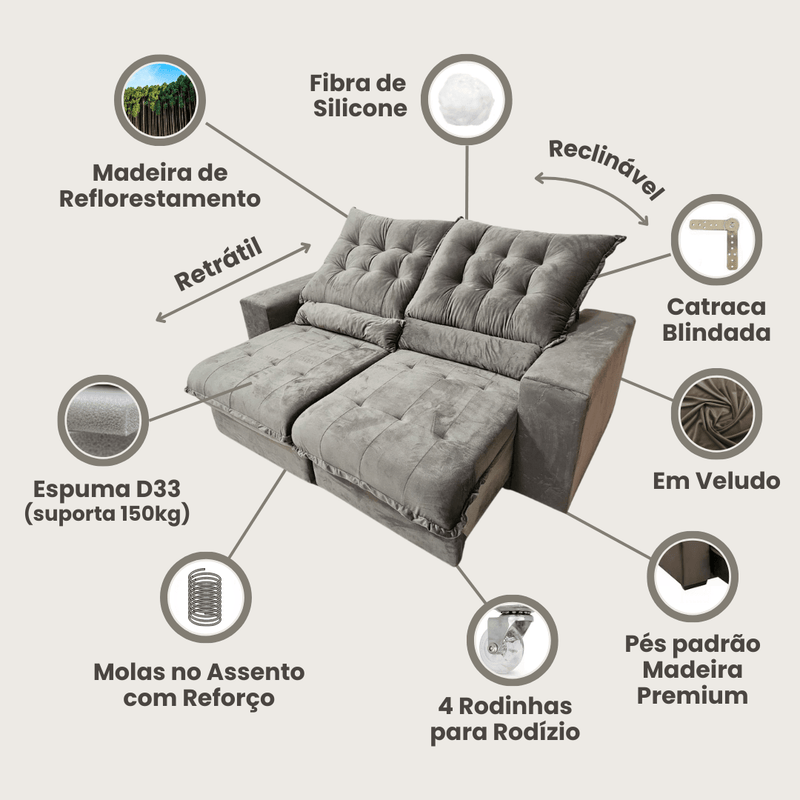 Sofá Retrátil e Reclinável Florença, 2,00m com Molas, em Veludo + Brinde - Ponta de Estoque 21