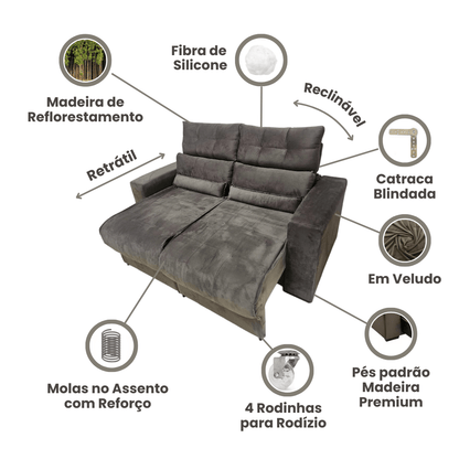 Sofá Retrátil e Reclinável Gênova, 1,70m com Molas, em Veludo + Brinde - Ponta de Estoque 21