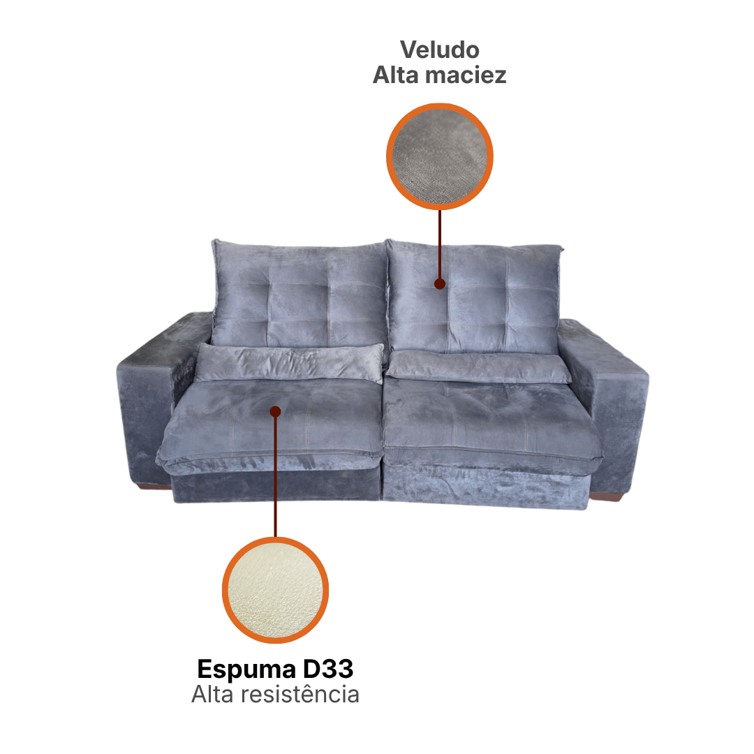 Sofá Retrátil e Reclinável Turino Veludo Cinza Premium - Ponta de Estoque 21