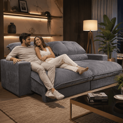 Sofá Retrátil e Reclinável Turino Veludo Cinza Premium - Ponta de Estoque 21