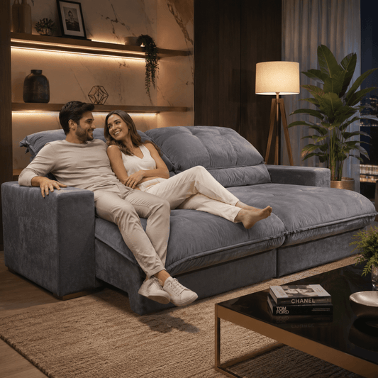 Sofá Retrátil e Reclinável Turino Veludo Cinza Premium - Ponta de Estoque 21